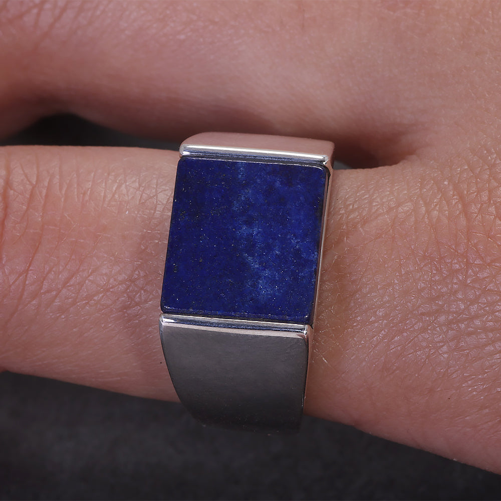 Rogivora Classic S925 Sterling Silver Square Agate/Lapis Lazuli Ring for Men Natural Gemstone Black Onyx Pinky Thumb Ring Band Male Jewelry Gift for Dad Father