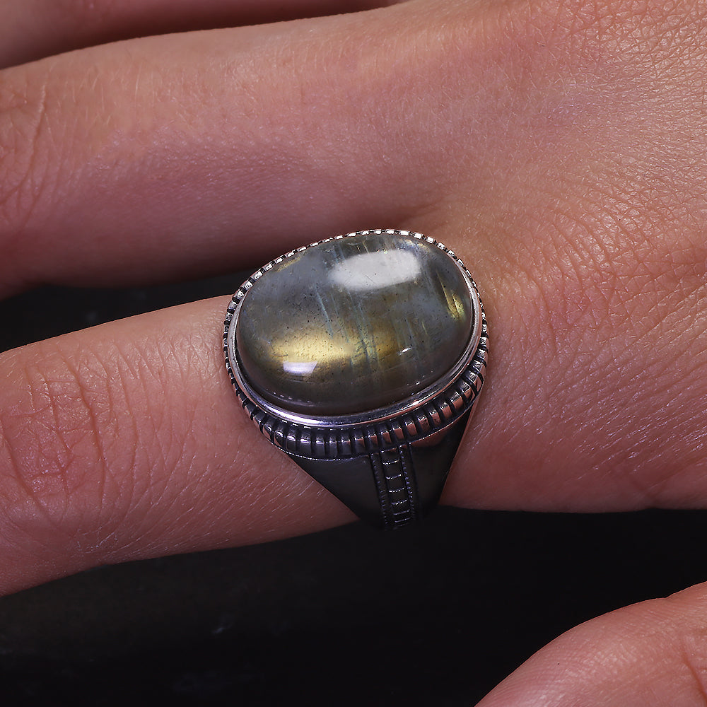 RogJewelry 925 Sterling Silver Male Ring Genuine Oval Labradorite Ring Men's Gemstone Ring for Dad Father Size 7-13