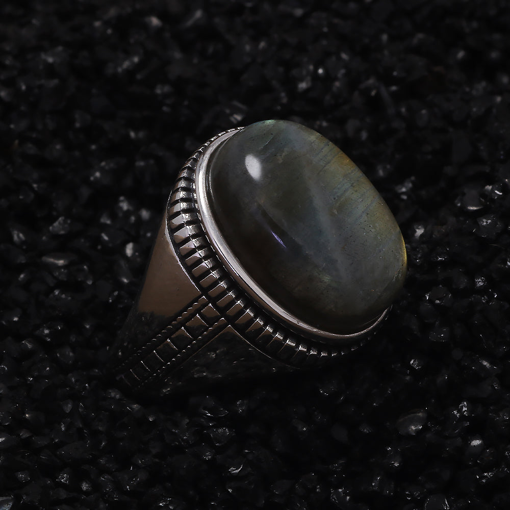 RogJewelry 925 Sterling Silver Male Ring Genuine Oval Labradorite Ring Men's Gemstone Ring for Dad Father Size 7-13