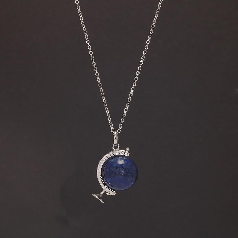 RogJewelry Lapis Lazuli Stone Planet Necklace Rotatable Globe Pendant 925 Sterling Silver Natural Gemstone Solar System Guardian Stars Universe Galaxy Necklace