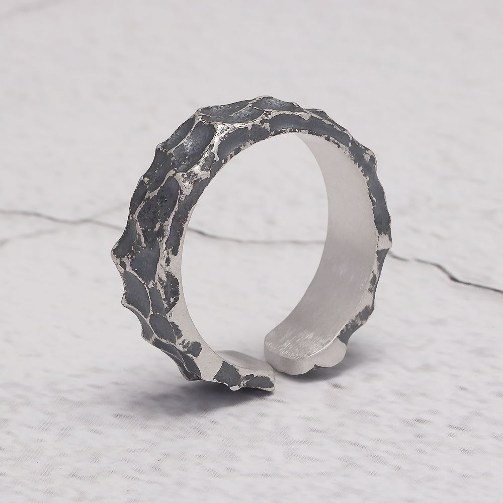 RogJewelry 925 Sterling Silver 6mm Hammered Silver Ring for Men Women Oxidized Black Hand Forged Rings Rock Antiqued Matt Wedding Bands Adjustable Size 9-11