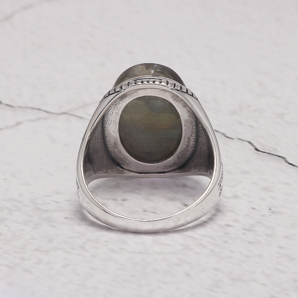 RogJewelry 925 Sterling Silver Male Ring Genuine Oval Labradorite Ring Men's Gemstone Ring for Dad Father Size 7-13
