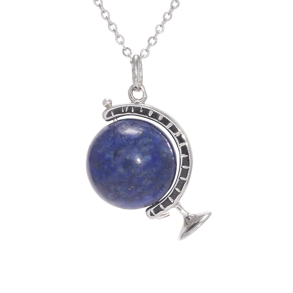 RogJewelry Lapis Lazuli Stone Planet Necklace Rotatable Globe Pendant 925 Sterling Silver Natural Gemstone Solar System Guardian Stars Universe Galaxy Necklace