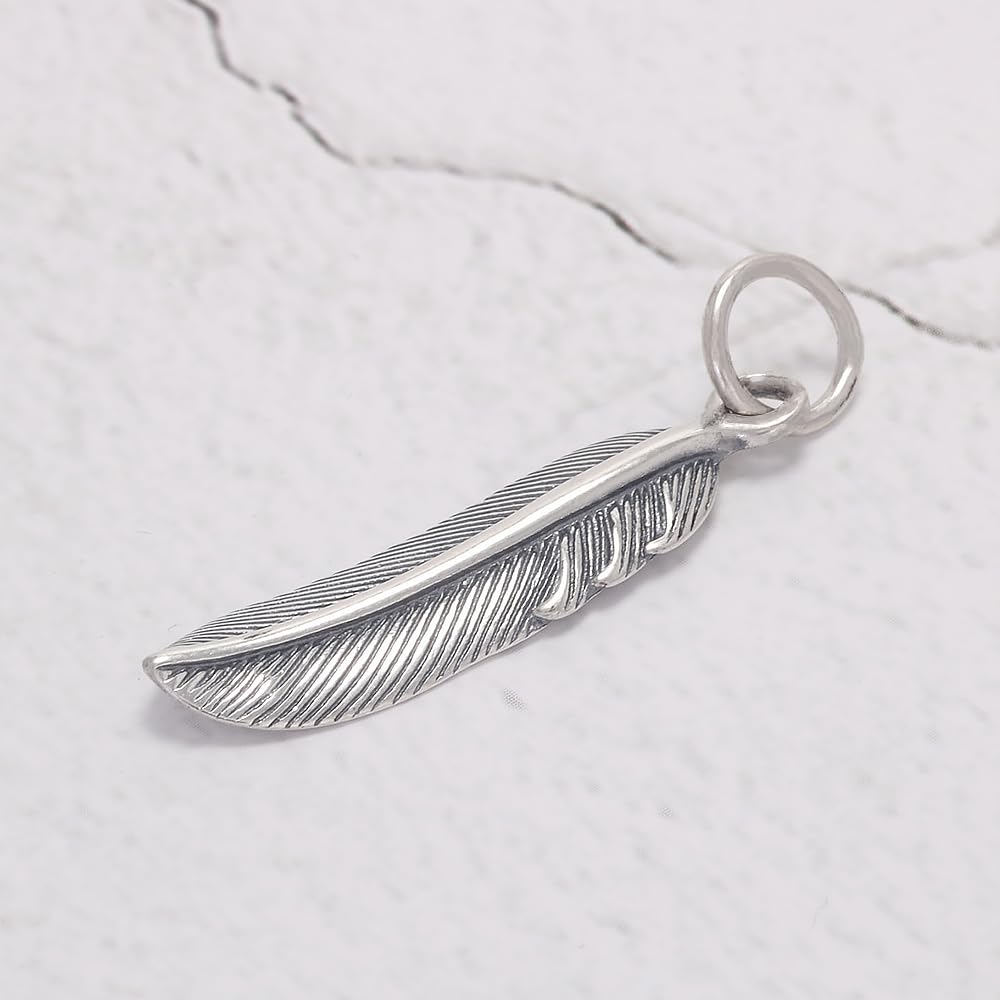 RogJewelry 925 Sterling Silver Simple Retro Feather Charm Pendant with Leaf Shaped Women Men Unisex Fashion Delicated Dainty Jewelry