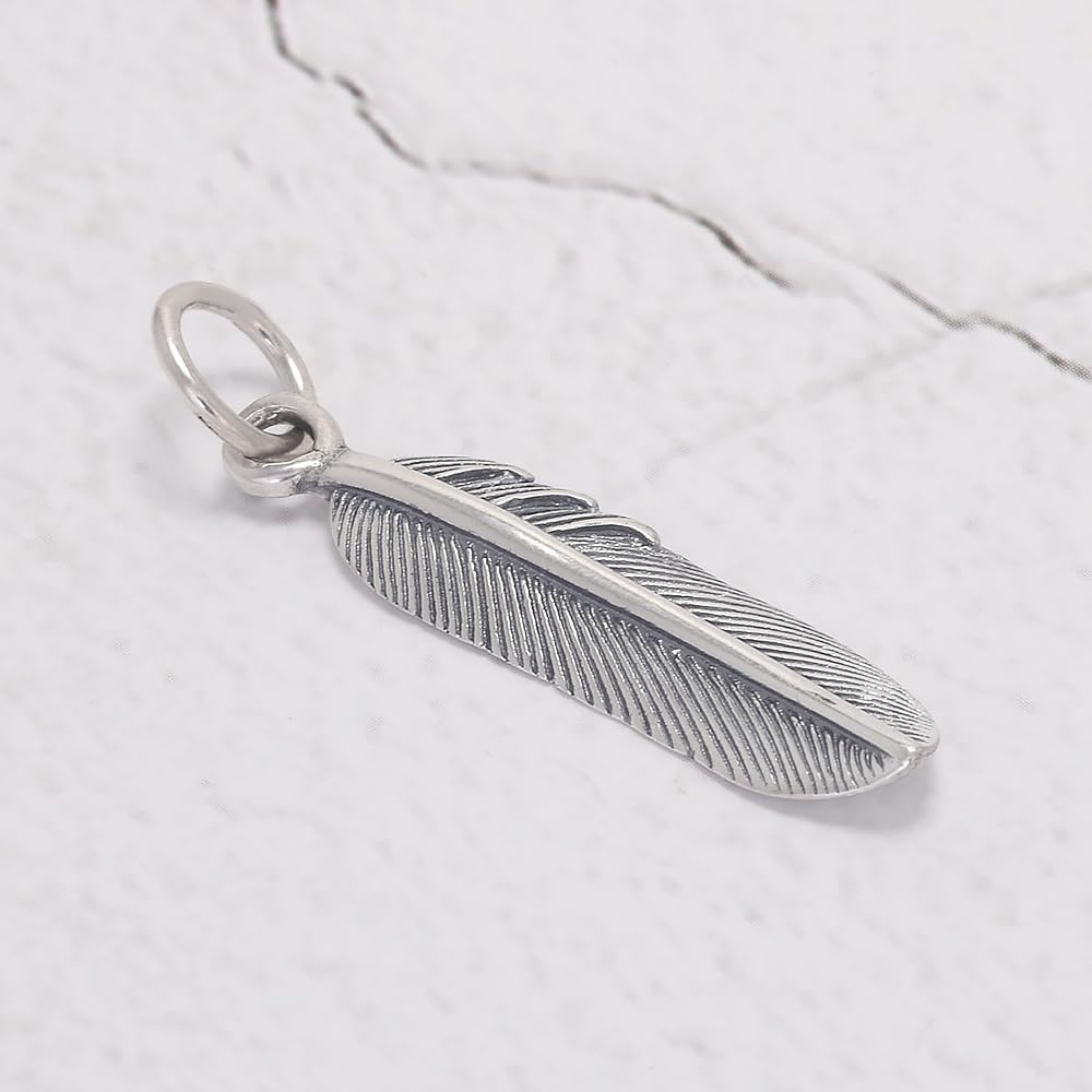 RogJewelry 925 Sterling Silver Simple Retro Feather Charm Pendant with Leaf Shaped Women Men Unisex Fashion Delicated Dainty Jewelry