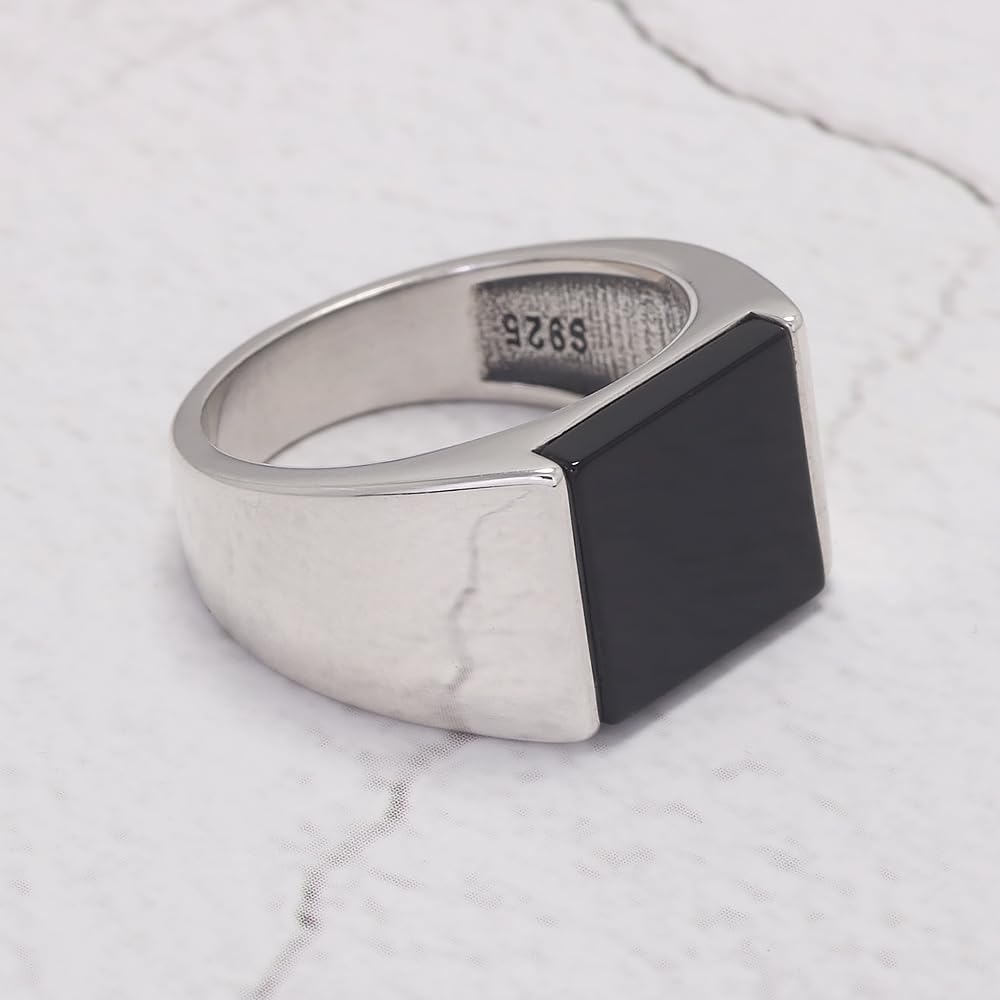 Rogivora Classic S925 Sterling Silver Square Agate/Lapis Lazuli Ring for Men Natural Gemstone Black Onyx Pinky Thumb Ring Band Male Jewelry Gift for Dad Father