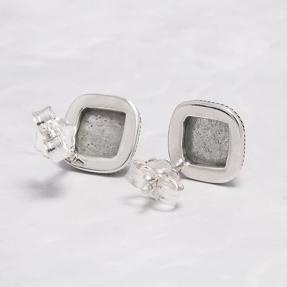RogJewelry Labradorite Stud Earrings Women Sqaure Natural Gemstone Earrings Solid 925 Sterling Silver Vintage Elegant Gifts for Wife Mother Daughter