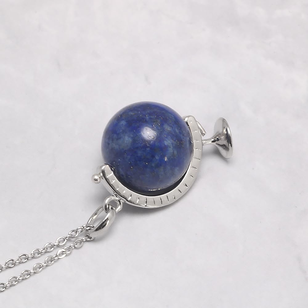RogJewelry Lapis Lazuli Stone Planet Necklace Rotatable Globe Pendant 925 Sterling Silver Natural Gemstone Solar System Guardian Stars Universe Galaxy Necklace