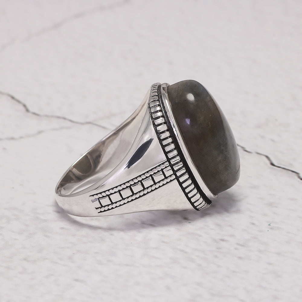 RogJewelry 925 Sterling Silver Male Ring Genuine Oval Labradorite Ring Men's Gemstone Ring for Dad Father Size 7-13