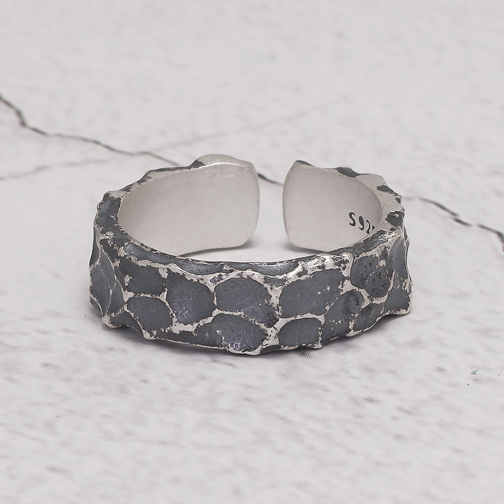 RogJewelry 925 Sterling Silver 6mm Hammered Silver Ring for Men Women Oxidized Black Hand Forged Rings Rock Antiqued Matt Wedding Bands Adjustable Size 9-11
