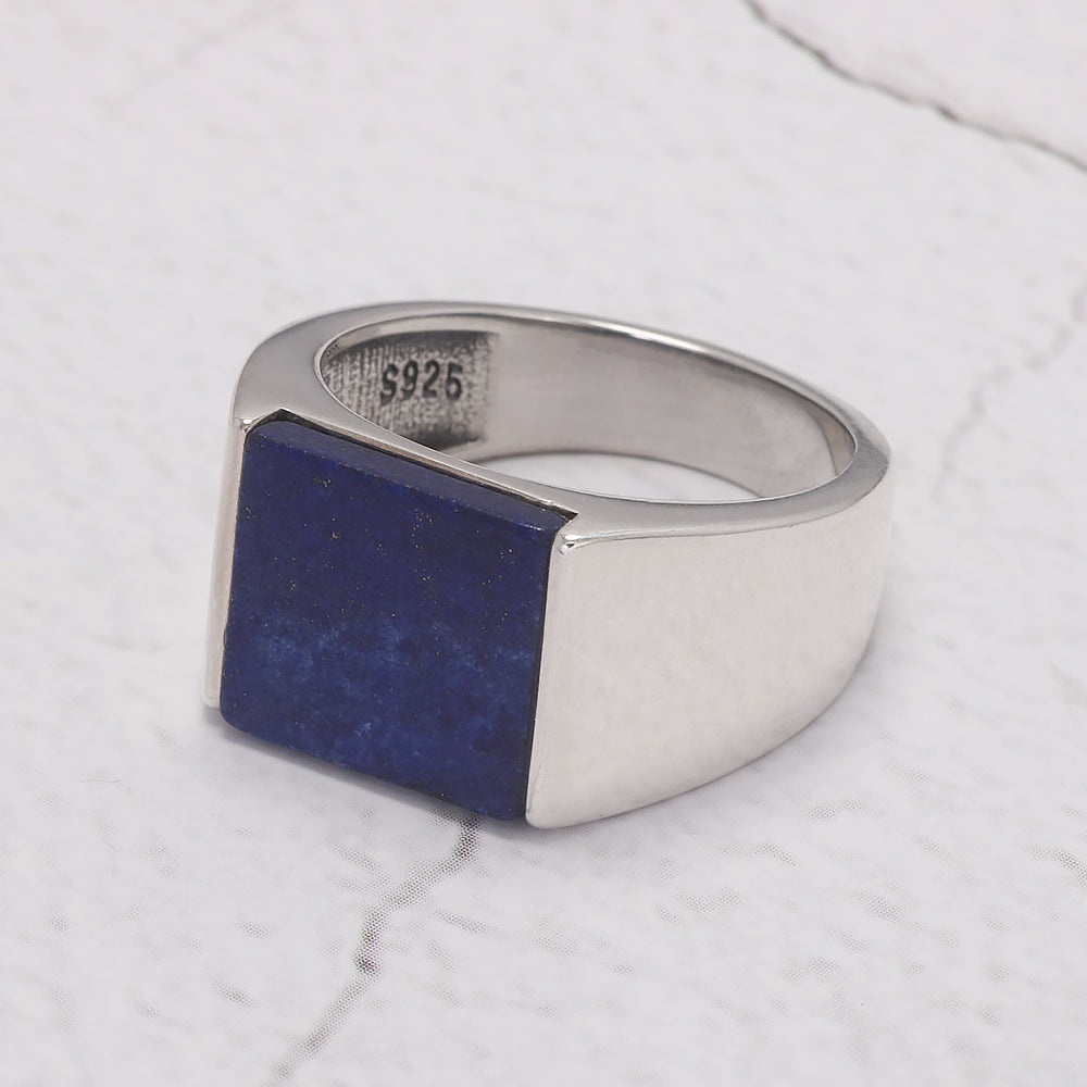 Rogivora Classic S925 Sterling Silver Square Agate/Lapis Lazuli Ring for Men Natural Gemstone Black Onyx Pinky Thumb Ring Band Male Jewelry Gift for Dad Father