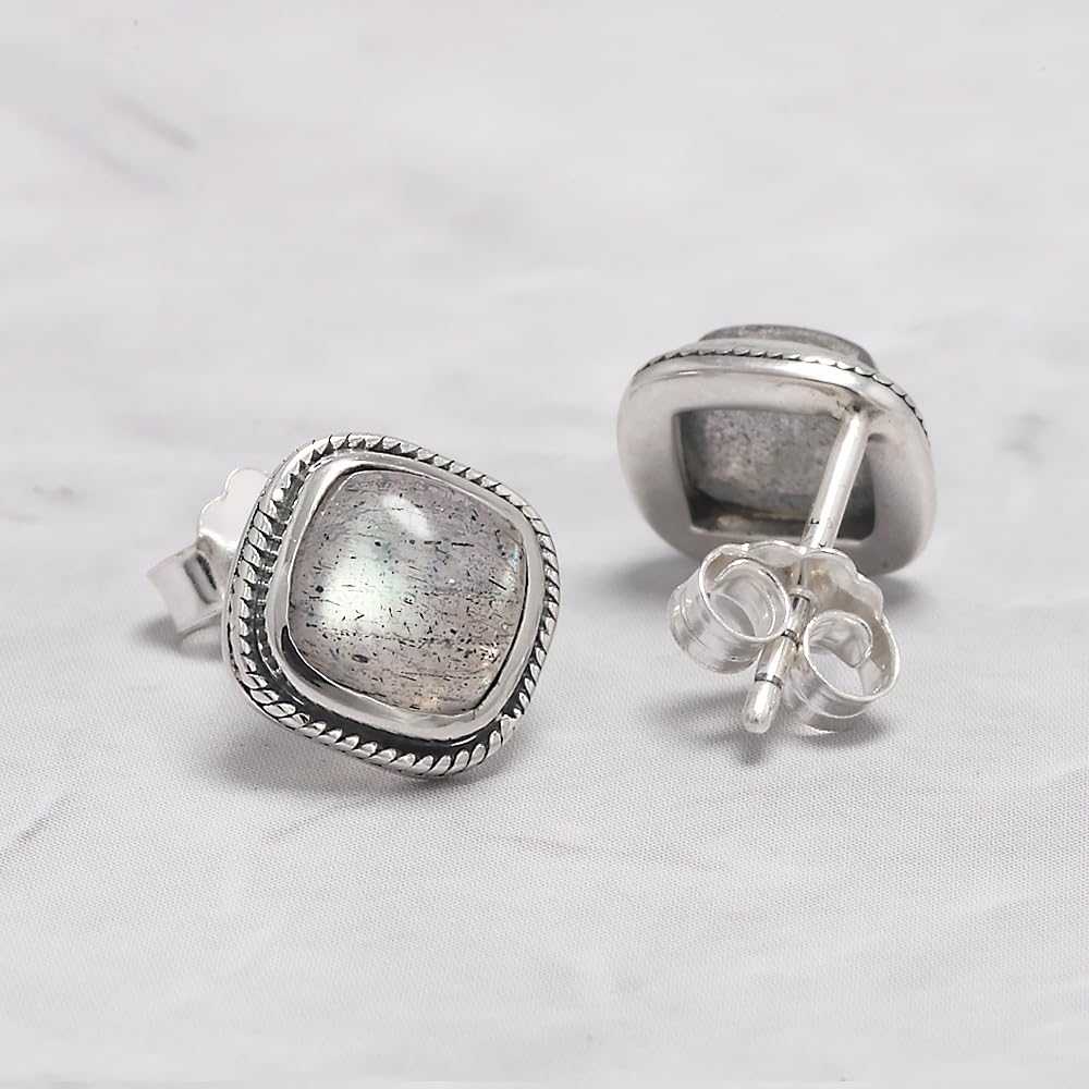 RogJewelry Labradorite Stud Earrings Women Sqaure Natural Gemstone Earrings Solid 925 Sterling Silver Vintage Elegant Gifts for Wife Mother Daughter