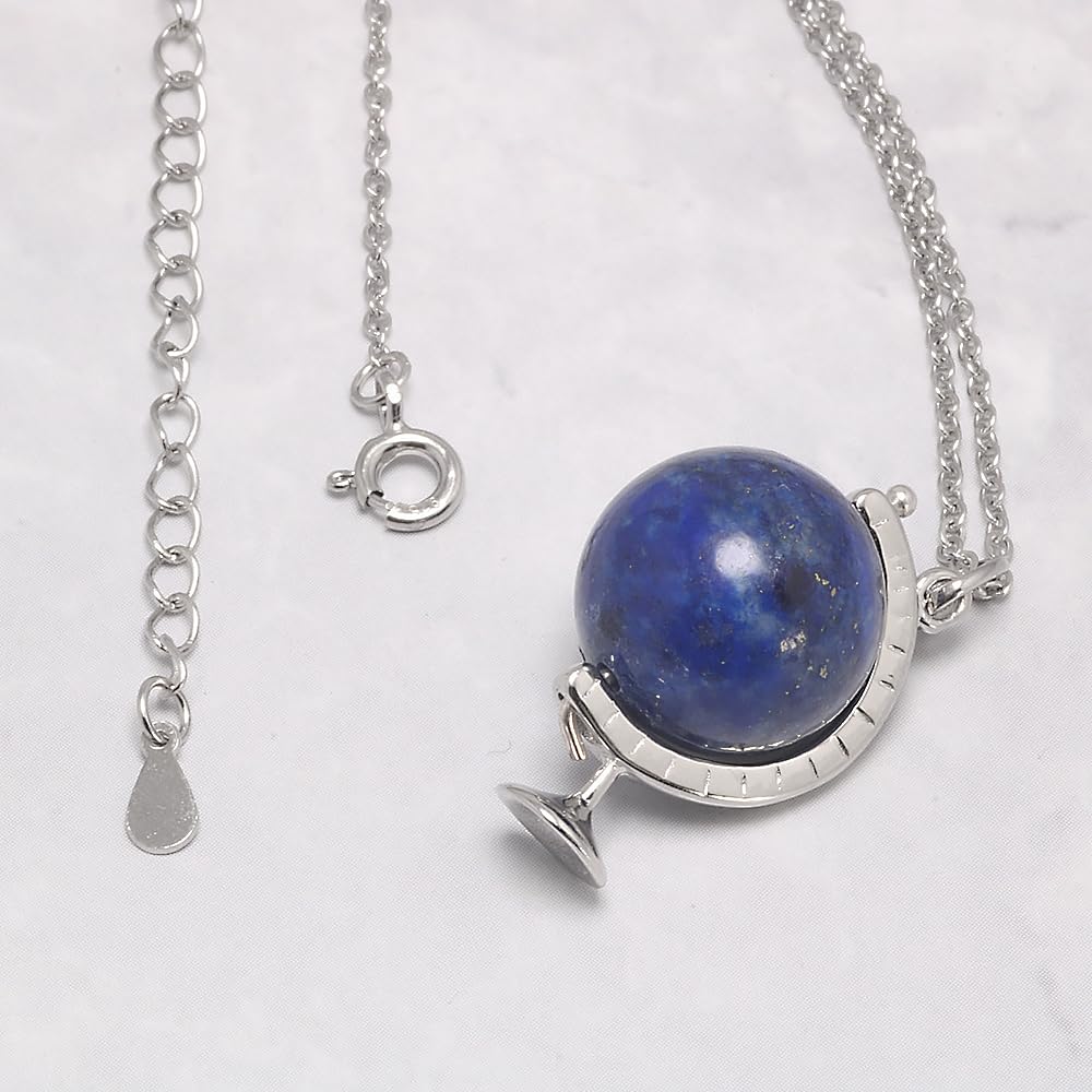 RogJewelry Lapis Lazuli Stone Planet Necklace Rotatable Globe Pendant 925 Sterling Silver Natural Gemstone Solar System Guardian Stars Universe Galaxy Necklace