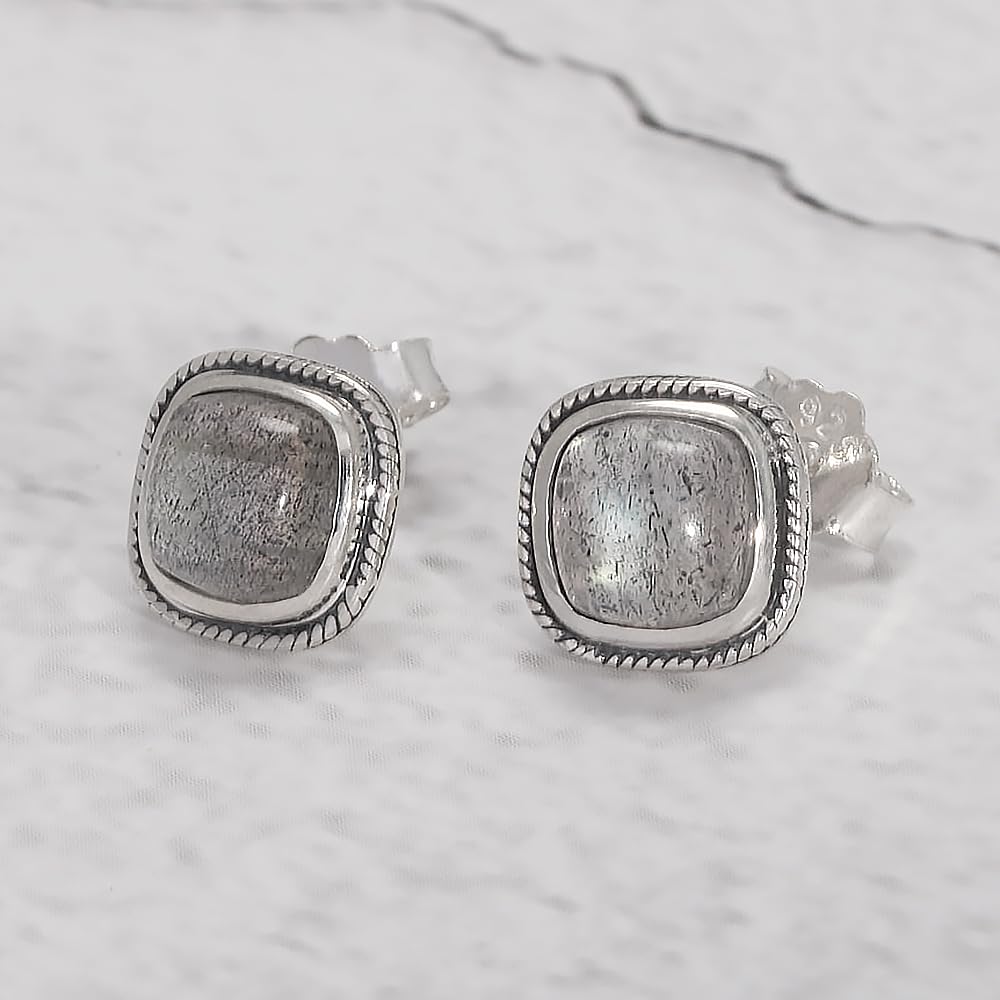 RogJewelry Labradorite Stud Earrings Women Sqaure Natural Gemstone Earrings Solid 925 Sterling Silver Vintage Elegant Gifts for Wife Mother Daughter