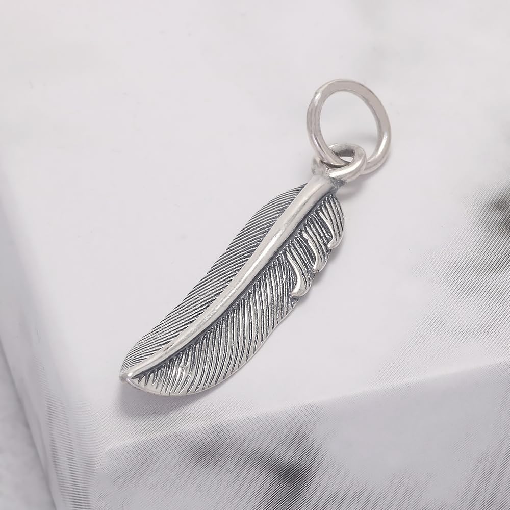 RogJewelry 925 Sterling Silver Simple Retro Feather Charm Pendant with Leaf Shaped Women Men Unisex Fashion Delicated Dainty Jewelry