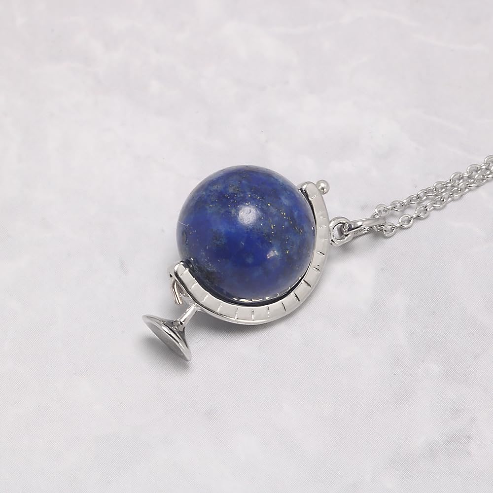 RogJewelry Lapis Lazuli Stone Planet Necklace Rotatable Globe Pendant 925 Sterling Silver Natural Gemstone Solar System Guardian Stars Universe Galaxy Necklace