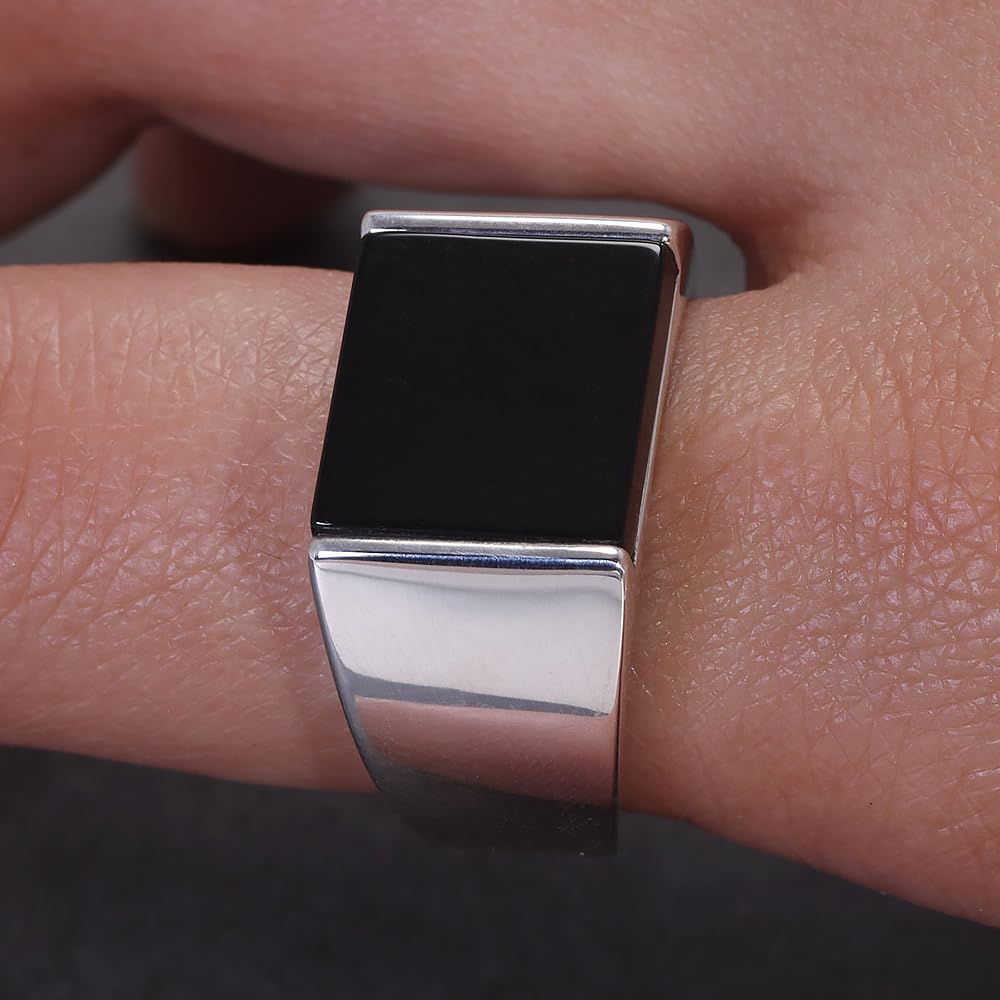 Rogivora Classic S925 Sterling Silver Square Agate/Lapis Lazuli Ring for Men Natural Gemstone Black Onyx Pinky Thumb Ring Band Male Jewelry Gift for Dad Father
