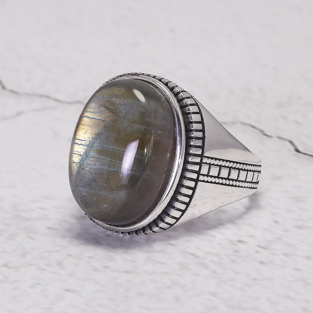 RogJewelry 925 Sterling Silver Male Ring Genuine Oval Labradorite Ring Men's Gemstone Ring for Dad Father Size 7-13
