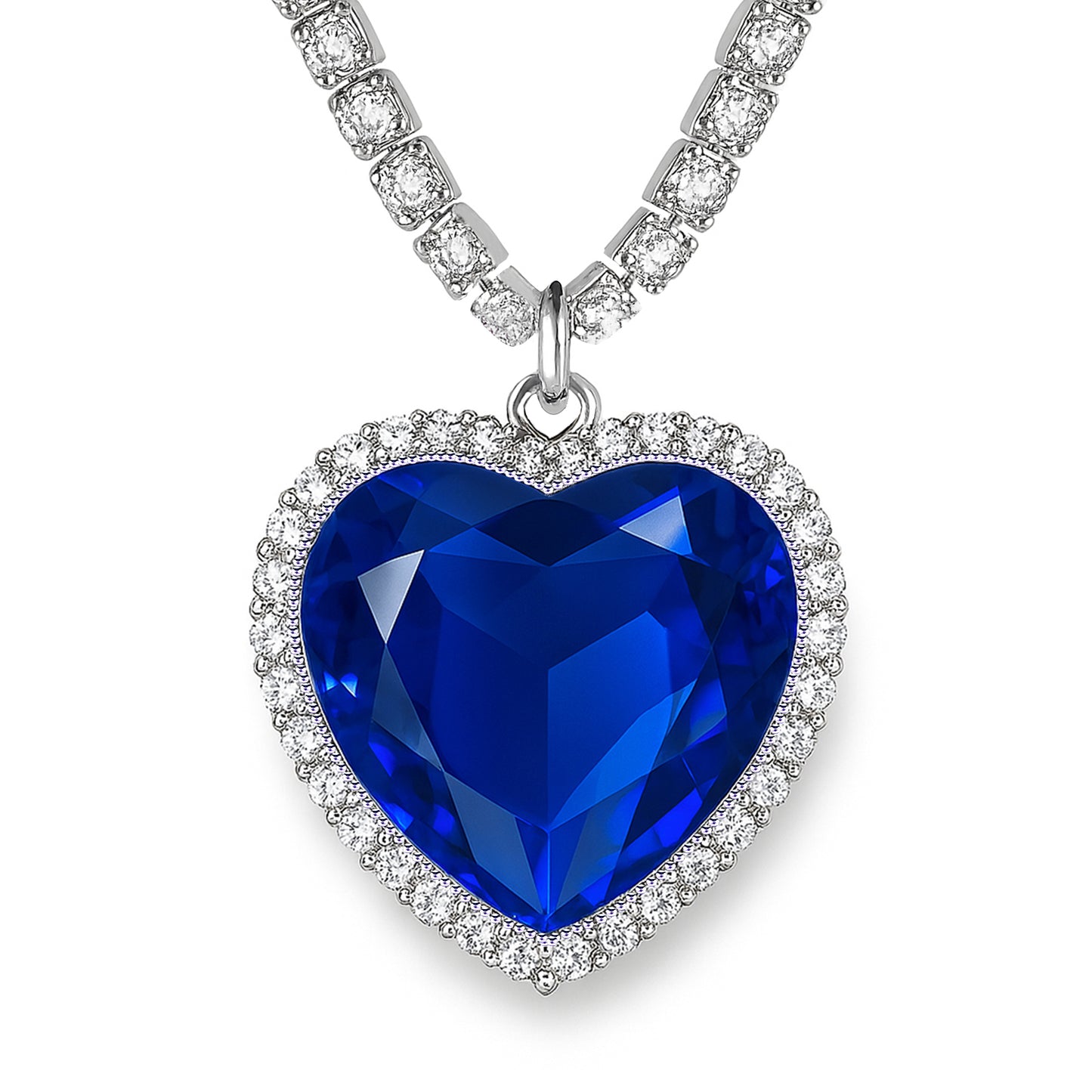 925 Sterling Silver Titanic Heart of the Ocean Necklace, 1.38" Large Blue Heart Pendant with 5A Cubic Zirconia, Dazzling Full Zircon Tennis Chain, Romantic Jewelry Gift for Women