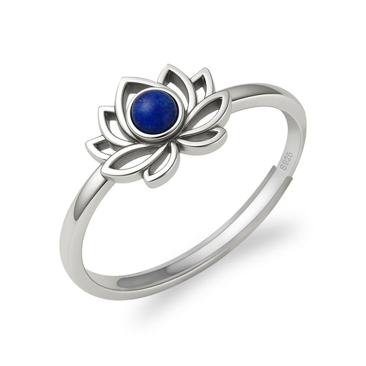 925 Sterling Silver Lotus Ring with Natural Lapis Lazuli, Adjustable Minimalist Spiritual Jewelry for Women