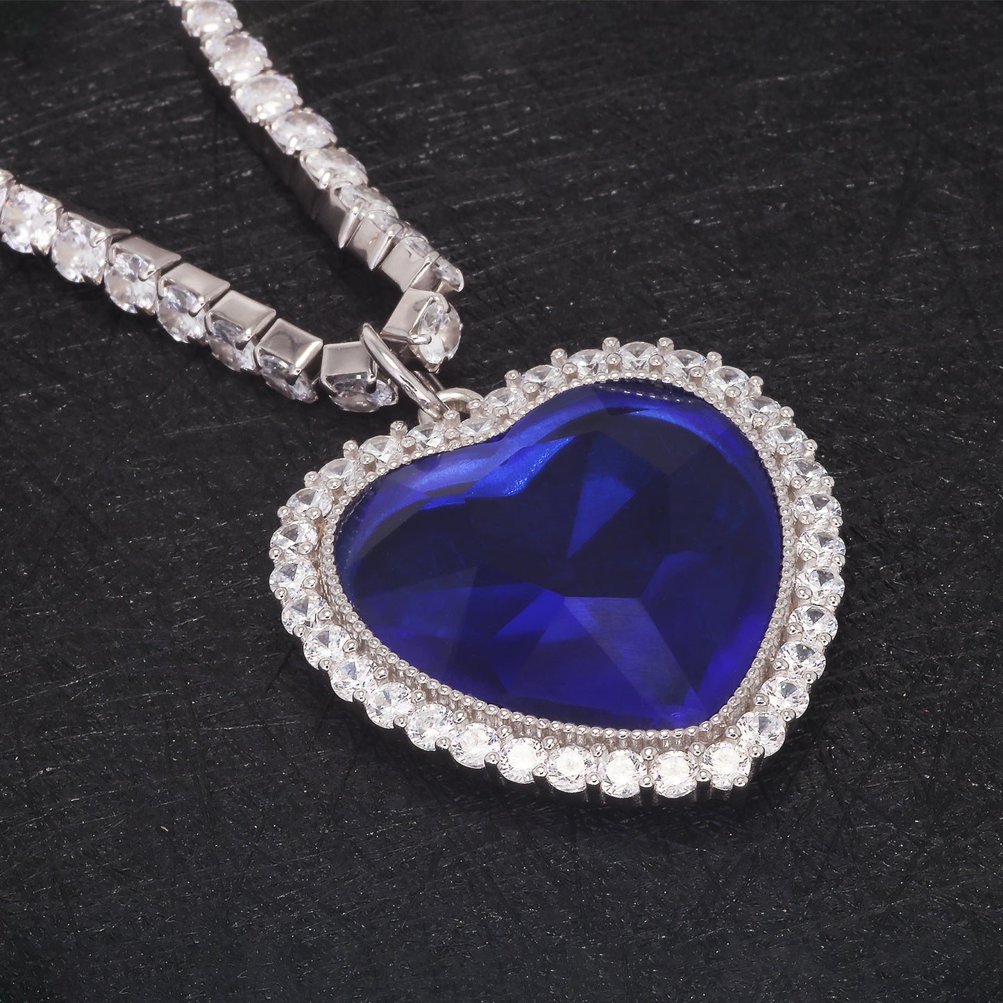 925 Sterling Silver Titanic Heart of the Ocean Necklace, 1.38" Large Blue Heart Pendant with 5A Cubic Zirconia, Dazzling Full Zircon Tennis Chain, Romantic Jewelry Gift for Women