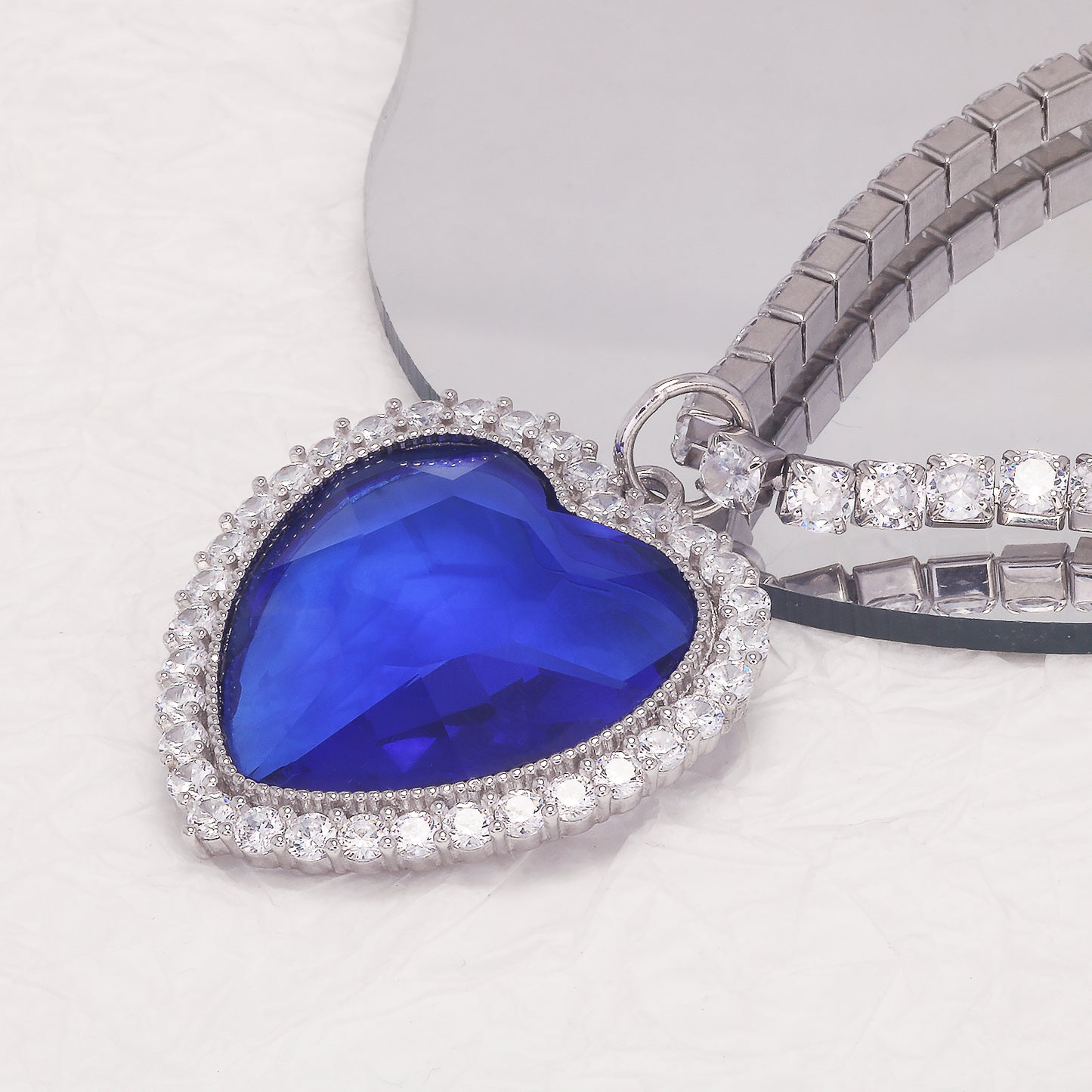 925 Sterling Silver Titanic Heart of the Ocean Necklace, 1.38" Large Blue Heart Pendant with 5A Cubic Zirconia, Dazzling Full Zircon Tennis Chain, Romantic Jewelry Gift for Women