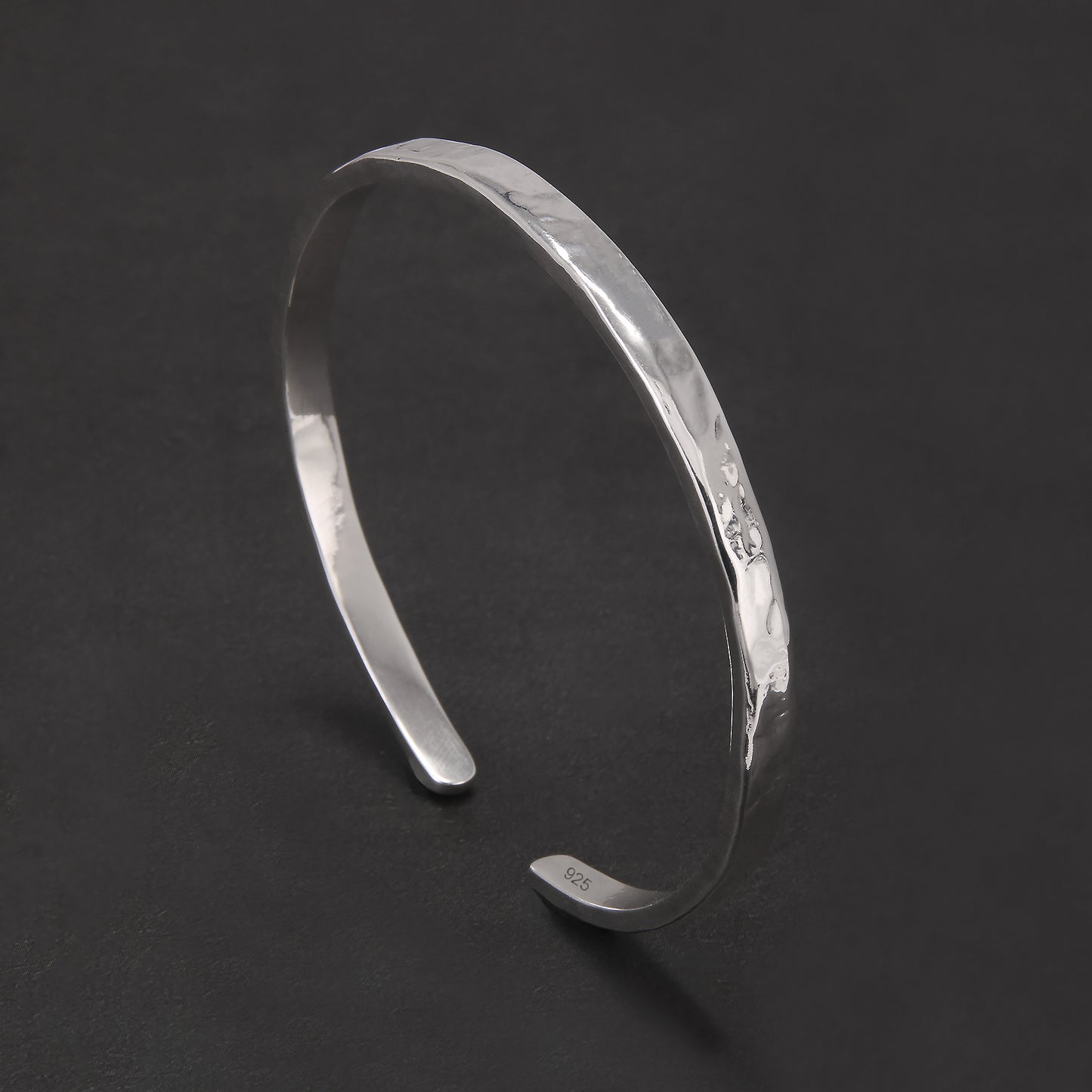 925 Sterling Silver Hammered Cuff Bangle Bracelet for Men & Women, 4mm Handmade Minimalist Polished Jewelry, Daily Wear, Small & Large Sizes