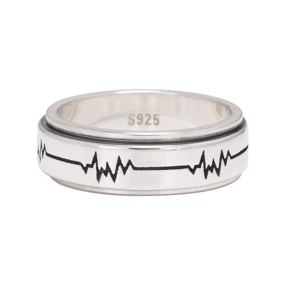 925 Sterling Silver Fidget Spinner Ring for Couples Women Men Rotatable Folding Wedding Band Engraved ECG Anti-Anxiety Stress Relieving Jewelry Birthday Gift