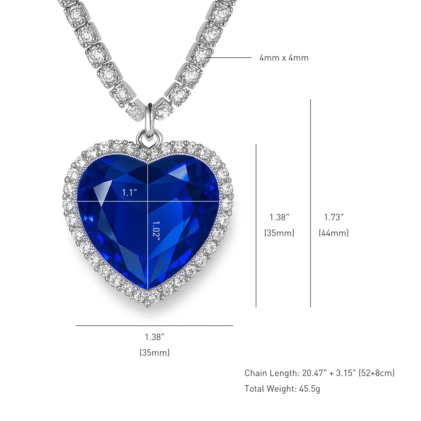 925 Sterling Silver Titanic Heart of the Ocean Necklace, 1.38" Large Blue Heart Pendant with 5A Cubic Zirconia, Dazzling Full Zircon Tennis Chain, Romantic Jewelry Gift for Women