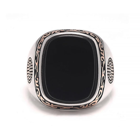 Natural Black Onyx Statement Rings for Men Rectangle 925 Sterling Silver Retro Signet Ring Vintage Handmade Turkish Jewelry