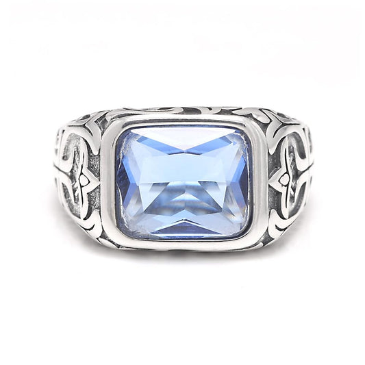 Vintage Gemstone Silver Turkish Rings for Men Natural Blue Crystal Stone/Turquoise Engraved 925 Sterling Silver Retro Signet Biker Band Jewelry Gift for Him