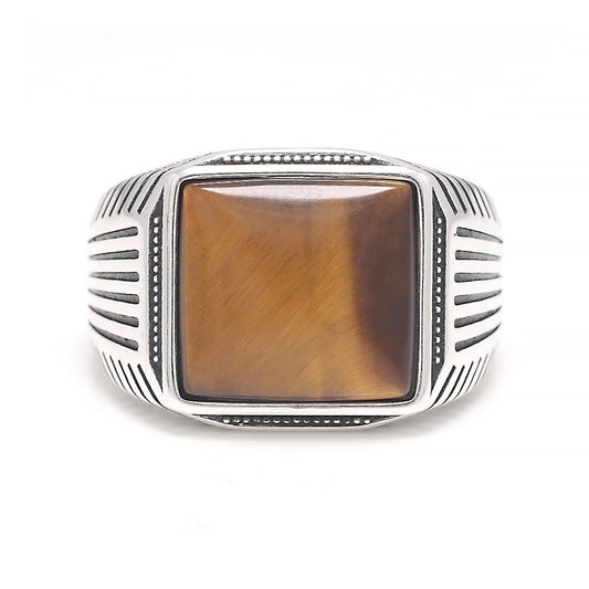 925 Sterling Silver Natural Tiger Eye Ring Vintage Chunky Turkish Rings for Men Stripe Pattern Biker Cool Retro Punk Ringen