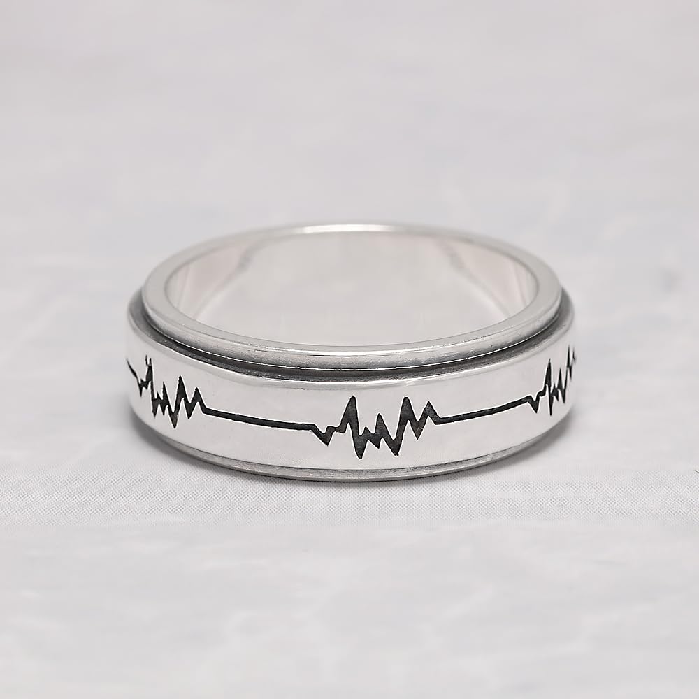 925 Sterling Silver Fidget Spinner Ring for Couples Women Men Rotatable Folding Wedding Band Engraved ECG Anti-Anxiety Stress Relieving Jewelry Birthday Gift