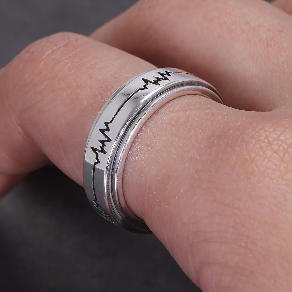 925 Sterling Silver Fidget Spinner Ring for Couples Women Men Rotatable Folding Wedding Band Engraved ECG Anti-Anxiety Stress Relieving Jewelry Birthday Gift