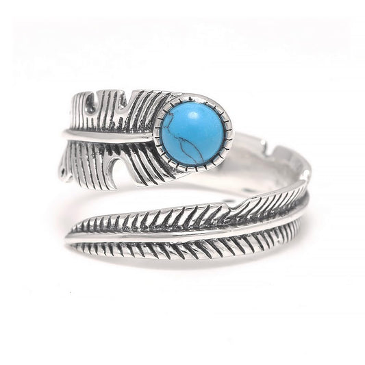 925 Sterling Silver Turquoise Feather Ring for Women Men Plain Vintage Opening Type Adjustable Natural Gemstone Jewelry Gift