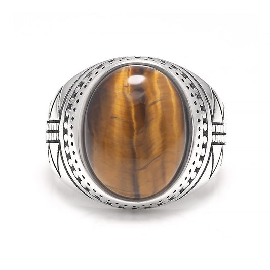 Oval Large Tiger Eyes Turkish Ring 925 Sterling Silver Natural Gemstone Retro Vintage Chunky Statement Rings for Men
