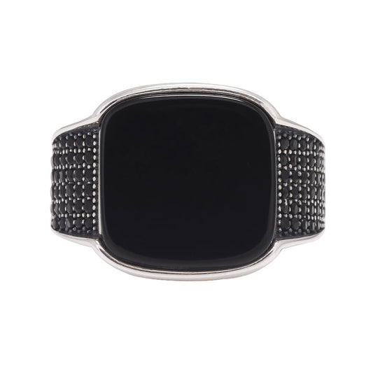 Antique Turkish Silver Men Ring Sqaure Black Onyx Natural Stone 925 Sterling Silver Simple Design Vintage Jewelry for Him Size 7-13