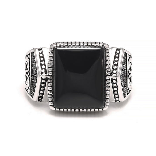 Genuine Rectangular Black Onyx Rings for Men Solid 925 Silver Antique Turkish Signet Ring Handmade Engraved Pattern Vintage Jewelry Gift for Him