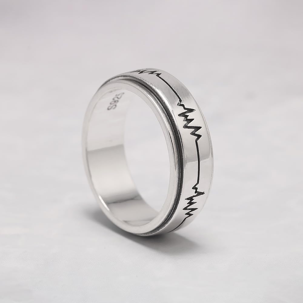 925 Sterling Silver Fidget Spinner Ring for Couples Women Men Rotatable Folding Wedding Band Engraved ECG Anti-Anxiety Stress Relieving Jewelry Birthday Gift