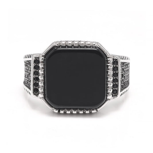 Square Natural Black Onyx Stone Ring in Sterling Silver Turkish Ring Black Band With Stone Male Jewelry Gift for Him
