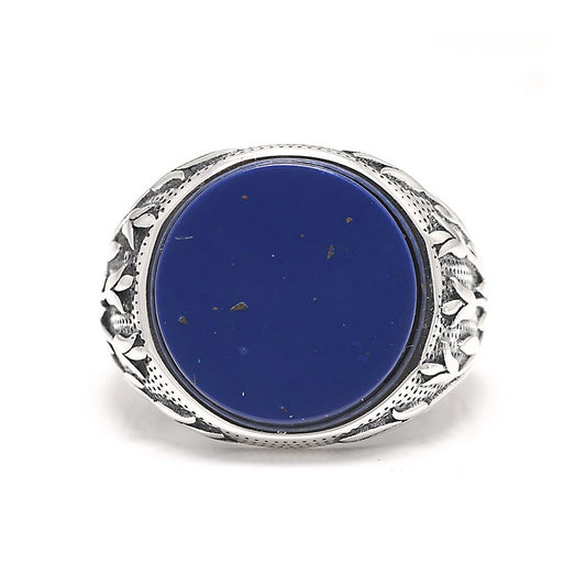 925 Sterling Silver Lapis Lazuli Turkish Ring Men Lagre Round Natural Gemstone Chunky Statement Rings Tree Branches Engraved Handmade Biker Jewelry Gift