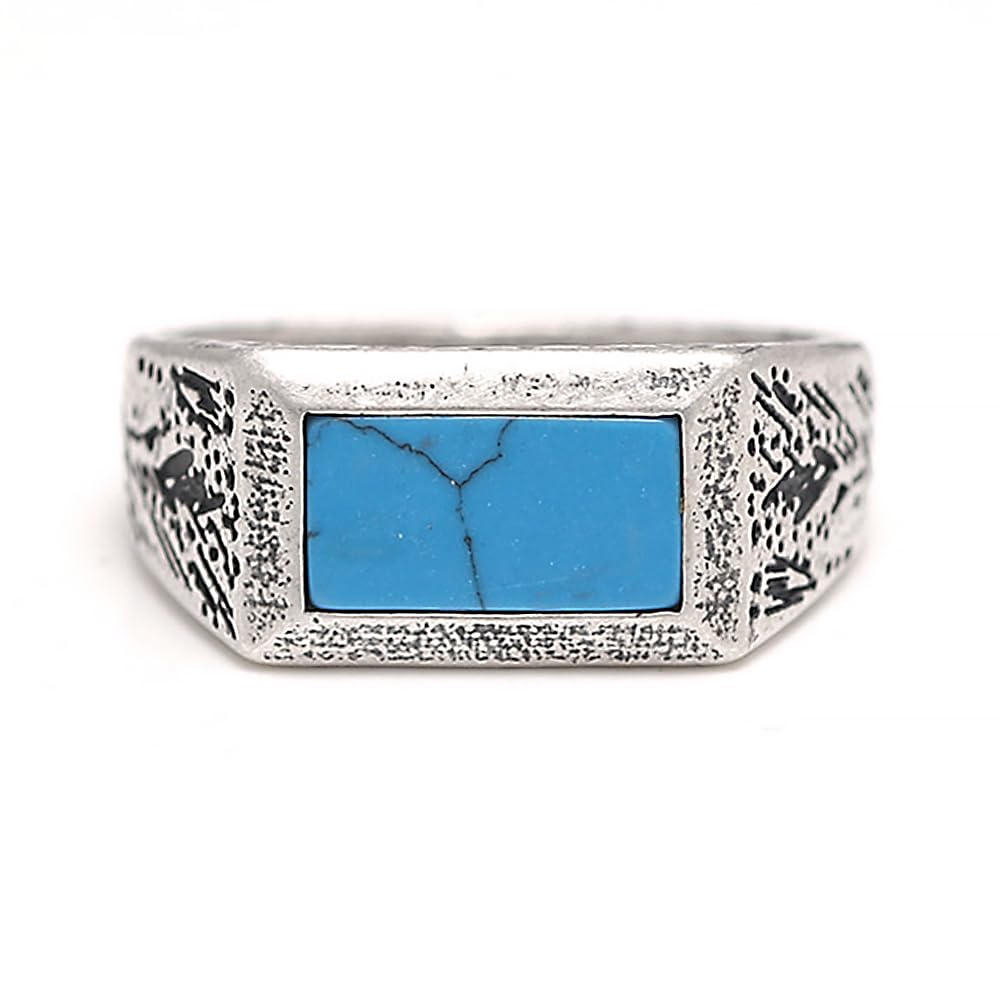 Natural Turquoise Signet Ring in Sterling Silver Rectangular Gemstone Retro Antiqued Handmade Jewelry for Men and Women