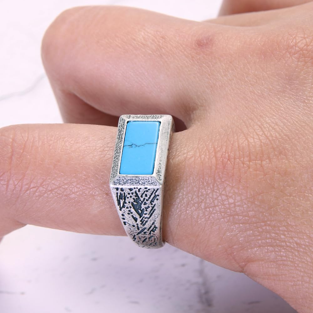 Natural Turquoise Signet Ring in Sterling Silver Rectangular Gemstone Retro Antiqued Handmade Jewelry for Men and Women