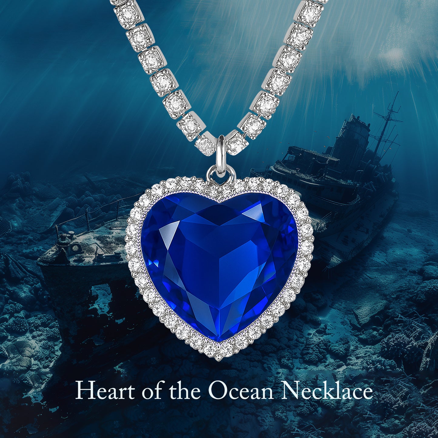 925 Sterling Silver Titanic Heart of the Ocean Necklace, 1.38" Large Blue Heart Pendant with 5A Cubic Zirconia, Dazzling Full Zircon Tennis Chain, Romantic Jewelry Gift for Women