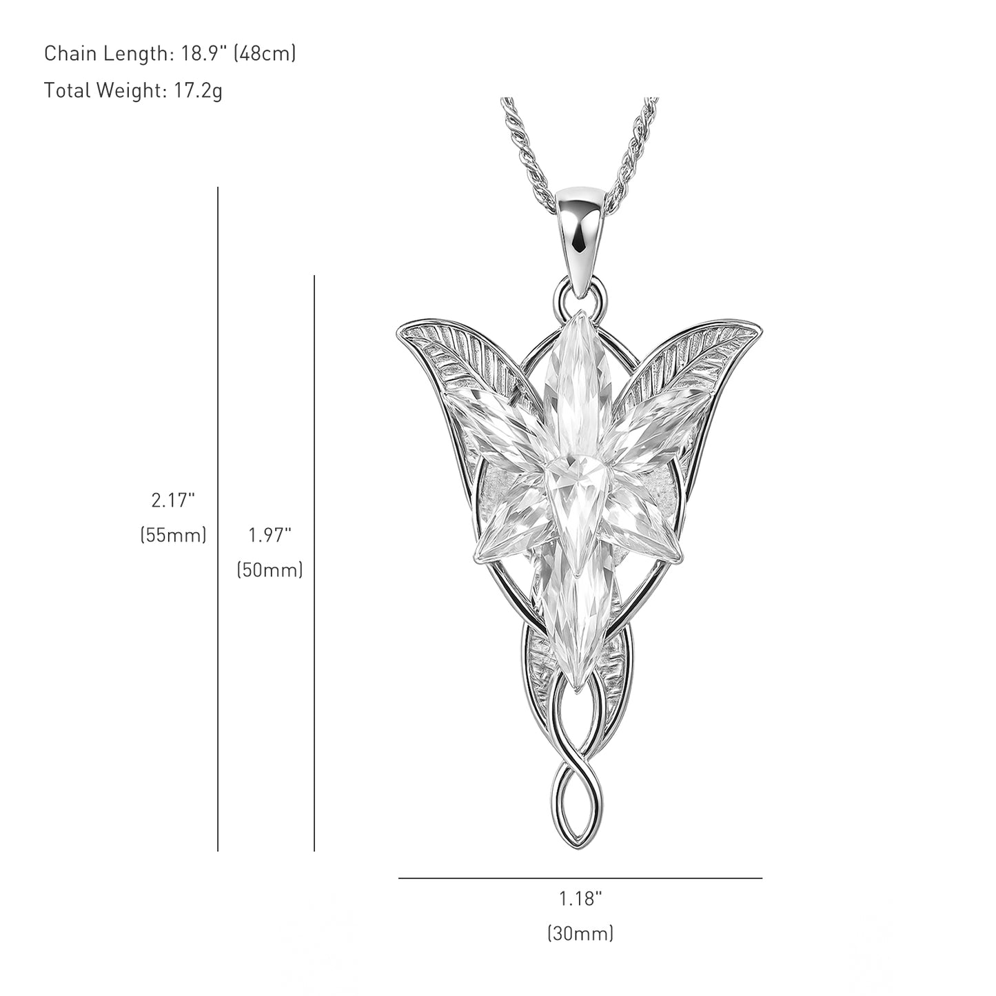 925 Sterling Silver Arwen Evenstar Necklace, Elvish Pendant Necklace with 5A Cubic Zirconia, Elven Jewelry Gift for Women, 1.18x1.97 Inches