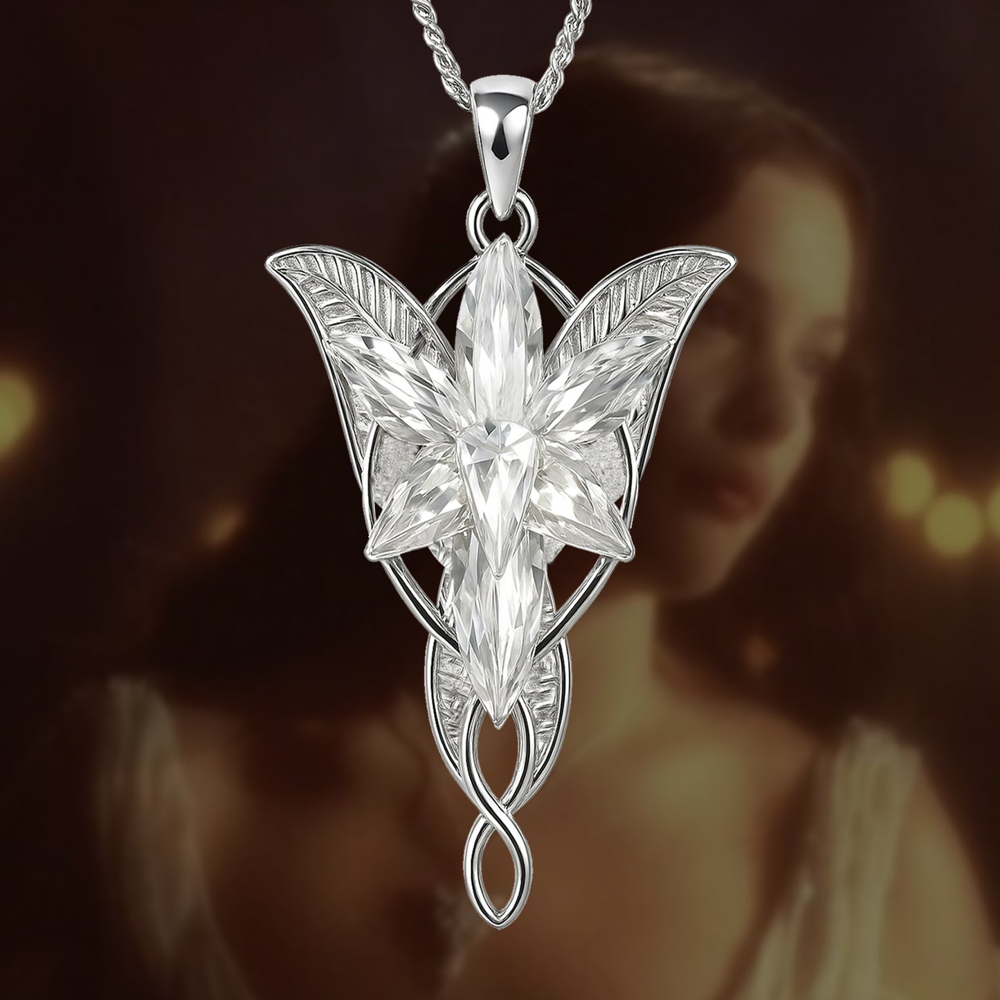925 Sterling Silver Arwen Evenstar Necklace, Elvish Pendant Necklace with 5A Cubic Zirconia, Elven Jewelry Gift for Women, 1.18x1.97 Inches