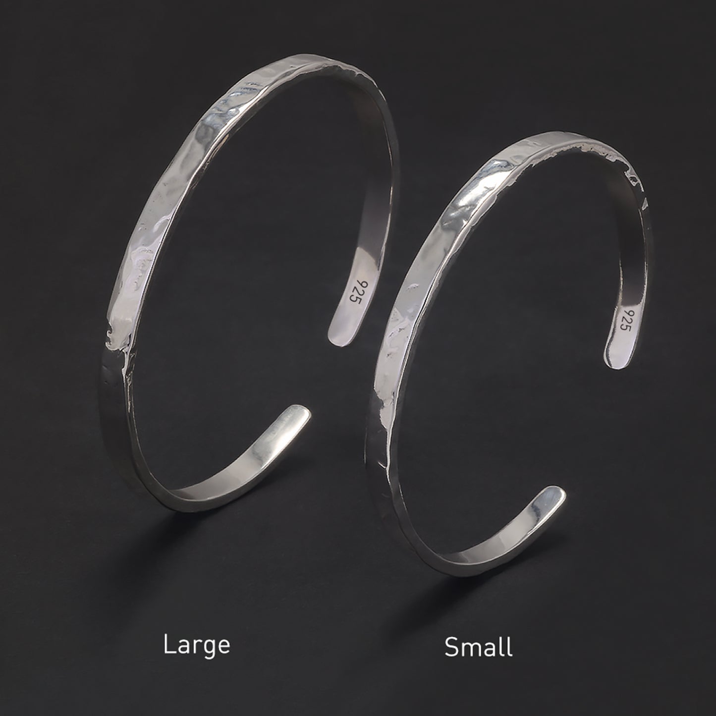 925 Sterling Silver Hammered Cuff Bangle Bracelet for Men & Women, 4mm Handmade Minimalist Polished Jewelry, Daily Wear, Small & Large Sizes