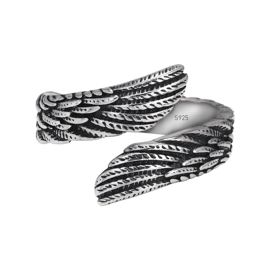 925 Sterling Silver Angel Wing Feather Ring for Women Men, Adjustable Open Band, Vintage Antique Style Jewelry