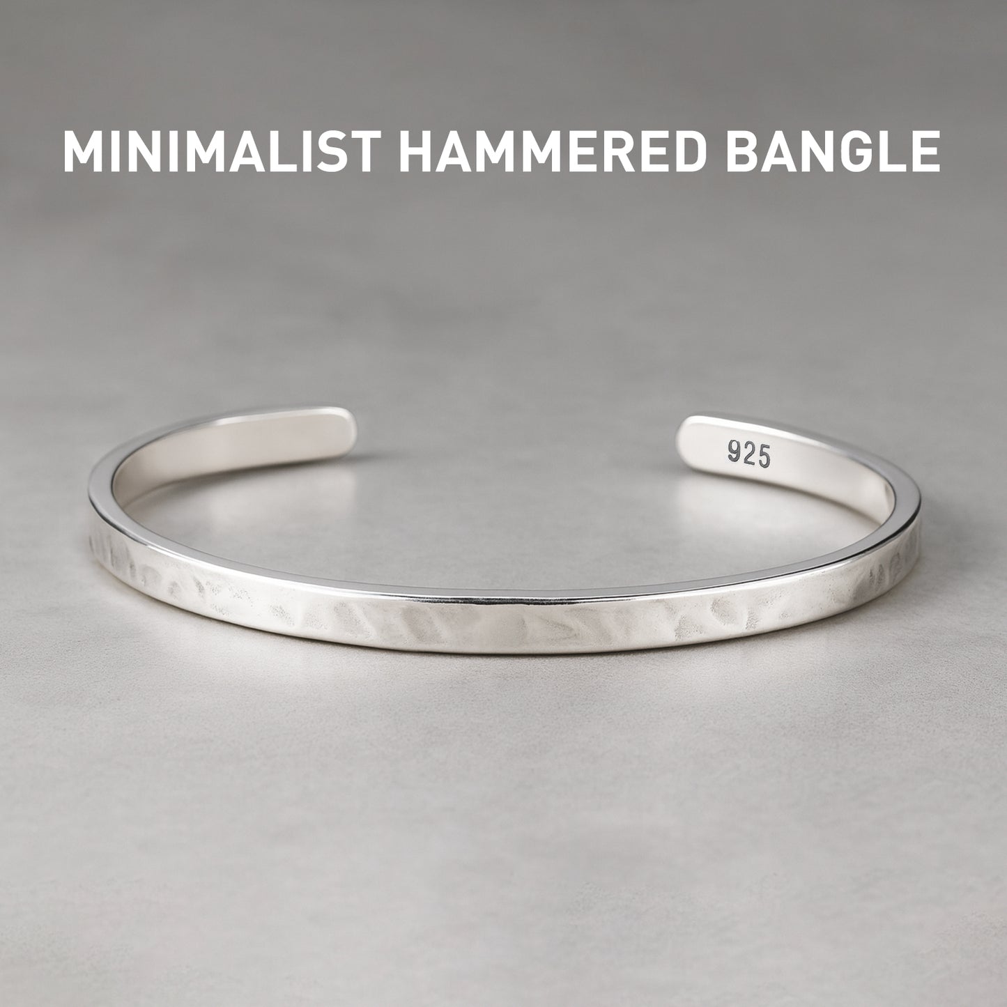 925 Sterling Silver Hammered Cuff Bangle Bracelet for Men & Women, 4mm Handmade Minimalist Polished Jewelry, Daily Wear, Small & Large Sizes
